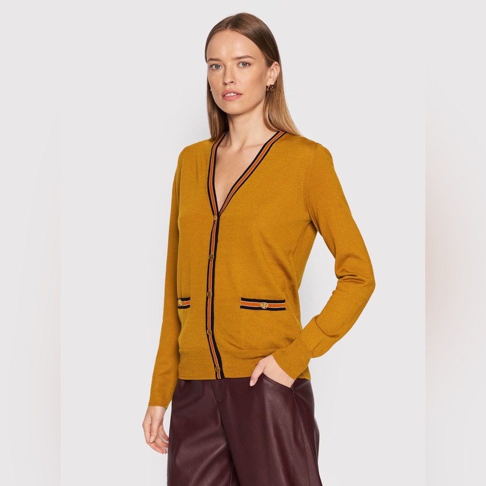 New Tory Burch Madeline Stripe-trim Merino Wool Cardigan Sweater